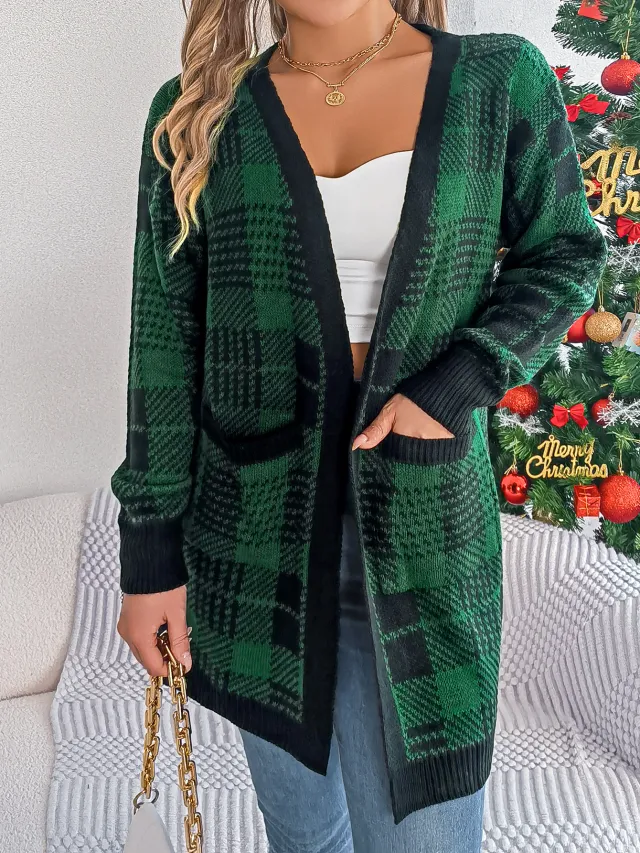Casual Color Block Plaid Pocket Long Sleeve Cardigan Sweater Coat Green - Shop at LoveMi