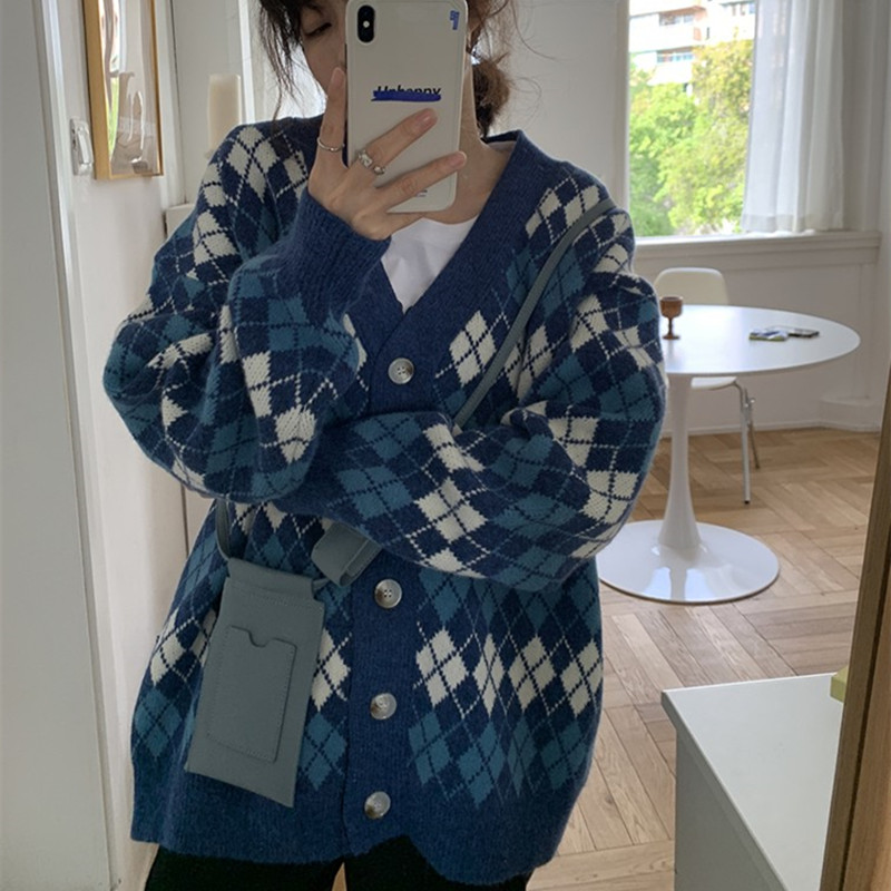 Plaid Knit Cardigan Top Tide