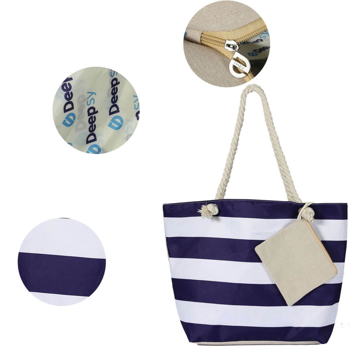 Waterproof Beach Tote Bag for Women. MATERIAL: Unique outer canvas material, inter polyester, hemp rope handle, foldable, easy to clean, waterproof and sandproof, durable and washable. LARGE BEACH BAG: Size 22.83 X 7.87 X 14.96 inch, there is enough space