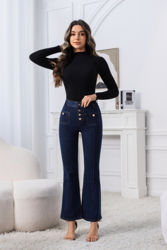 Women's High-Waisted Gold Button Flare Jeans, Dark Wash Slim Bootcut Denim Pants With Patch Pockets