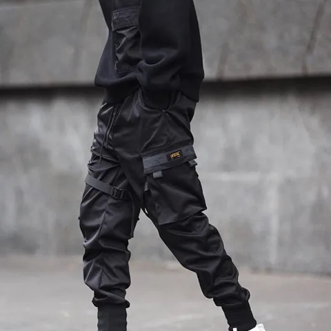 Men Black Hip Hop Cargo Pants Elastic Waist Jogger