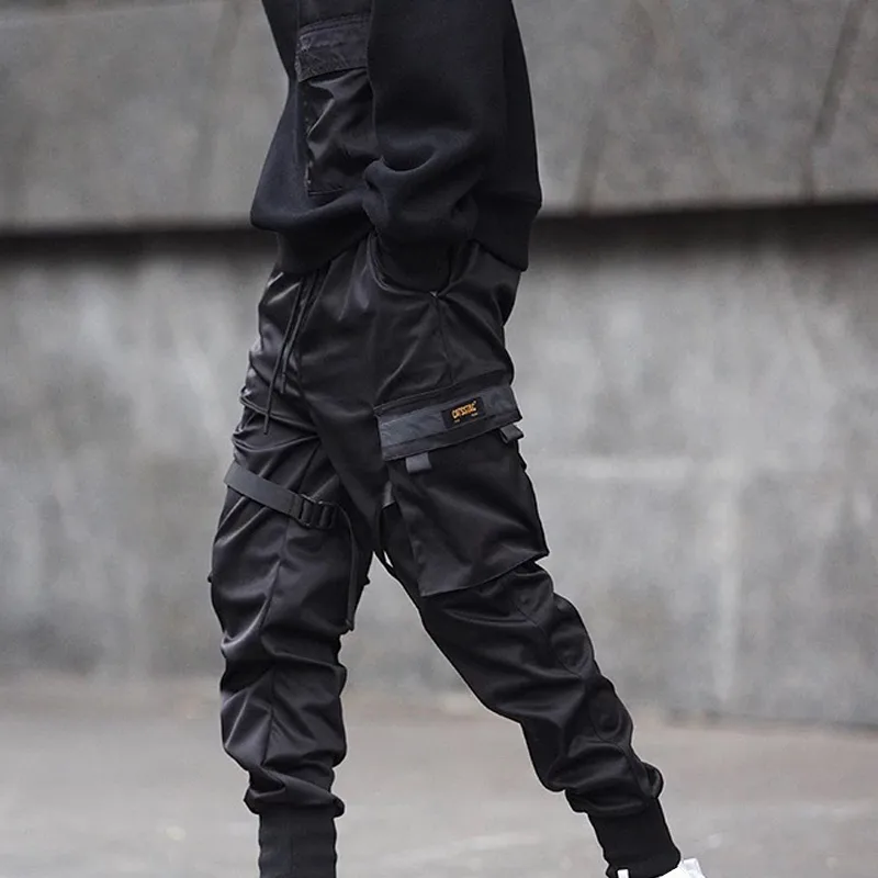 Men Black Hip Hop Cargo Pants Elastic Waist Jogger