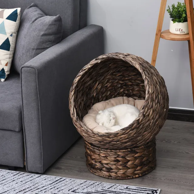 Handmade Wicker Elevated Cat Bed With Cushion Dark Brown For Kittens Dark Brown - Shop at LoveMi