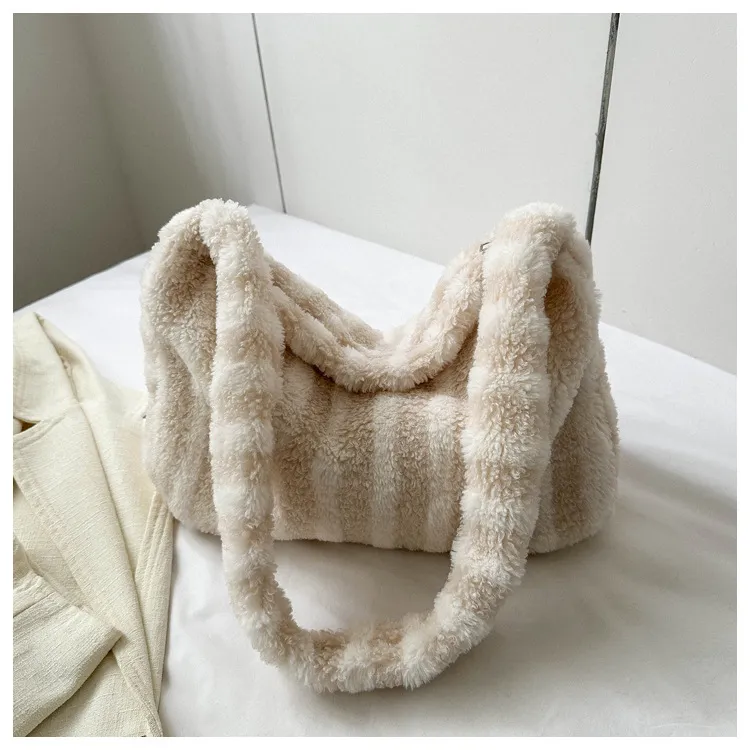 Large-capacity Striped Plush Bag Winter New Fashion Portable Tote Shoulder Bags Shopping Furry Handbags For Women - White