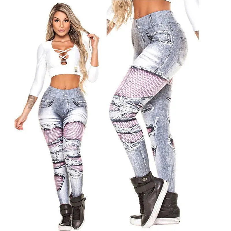 Tattered denim digital printing sports leggings yoga running tight stretch pants - Grey