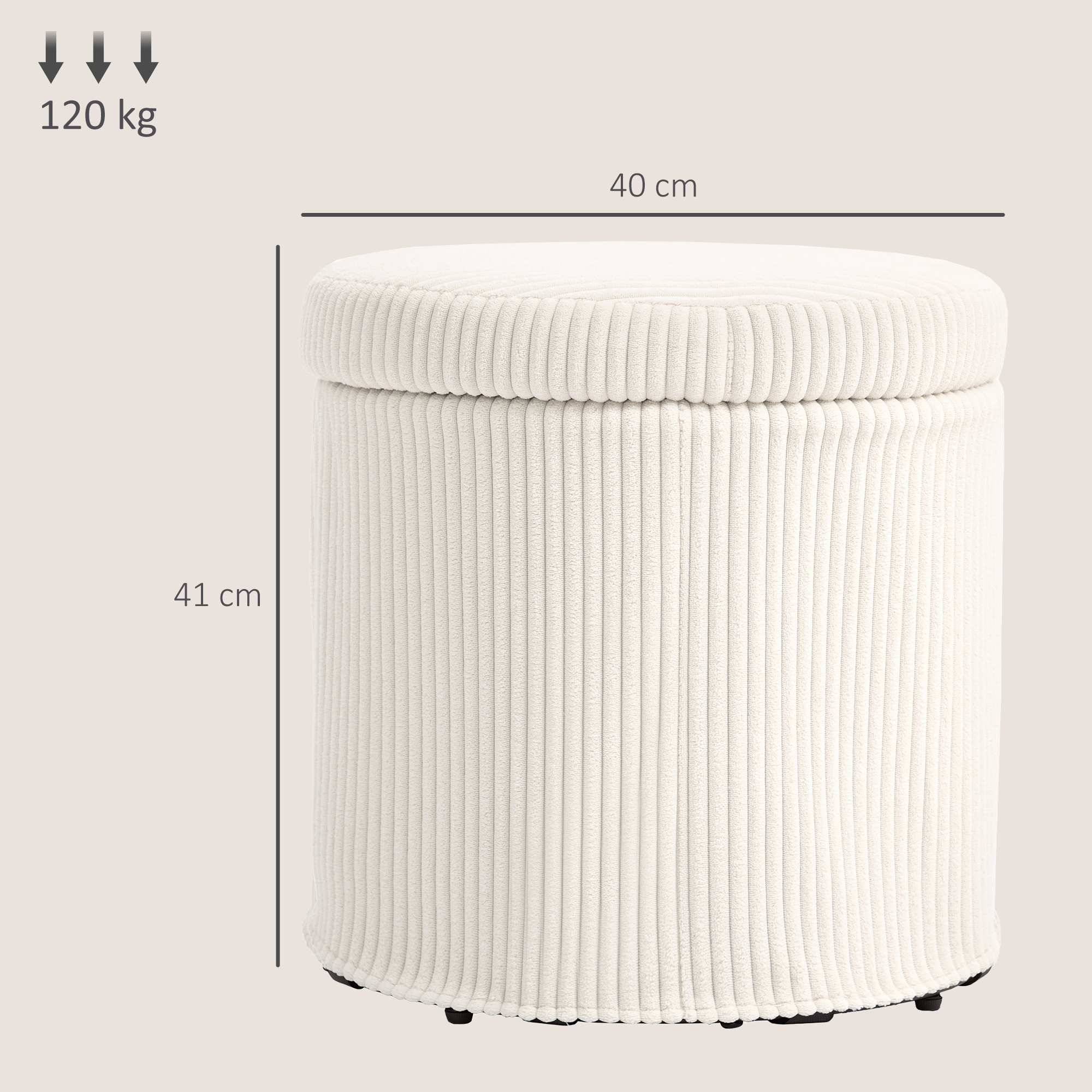 40cm Round Storage Footstool, Made Of Corduroy Material, With Detachable Lid