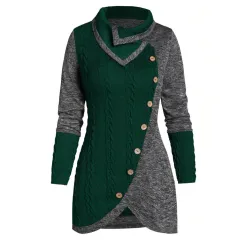 Long Sleeved Buttons Decorated With Solid Color Stitching - Green - View 1