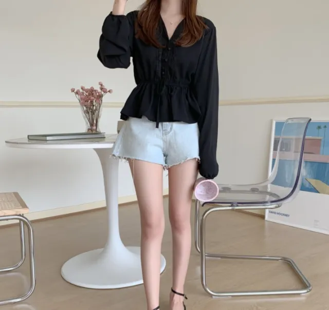 Shintimes V Neck White Blouse Sashes Casual Woman Clothes Black - Shop at LoveMi