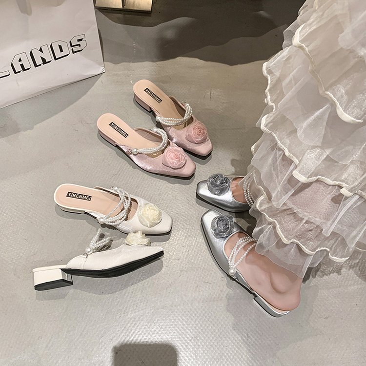 Women Square Toe Satin Mule Flats 3D Fabric Rose Ornament Double Pearl Chain Strap Low Block Heel Backless Slip On Mules Romantic Fairy Closed Toe Slide Shoes For Daily Party 2