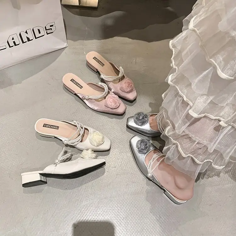 Women Square Toe Satin Mule Flats 3D