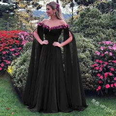 One Word Neck Sleeves High Waist Solid Colour Gauze Dress - Black - View 1