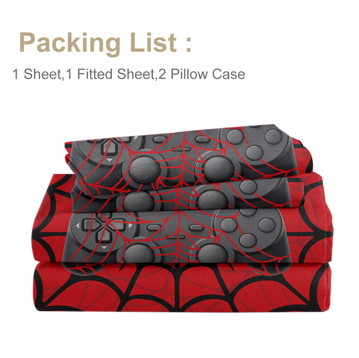 4PCS Gamer Bed Sheet Set, Red Bedding Set, Spider Web, 1 Flat Sheet,1 Fitted Sheet, 2 Pillow Cases