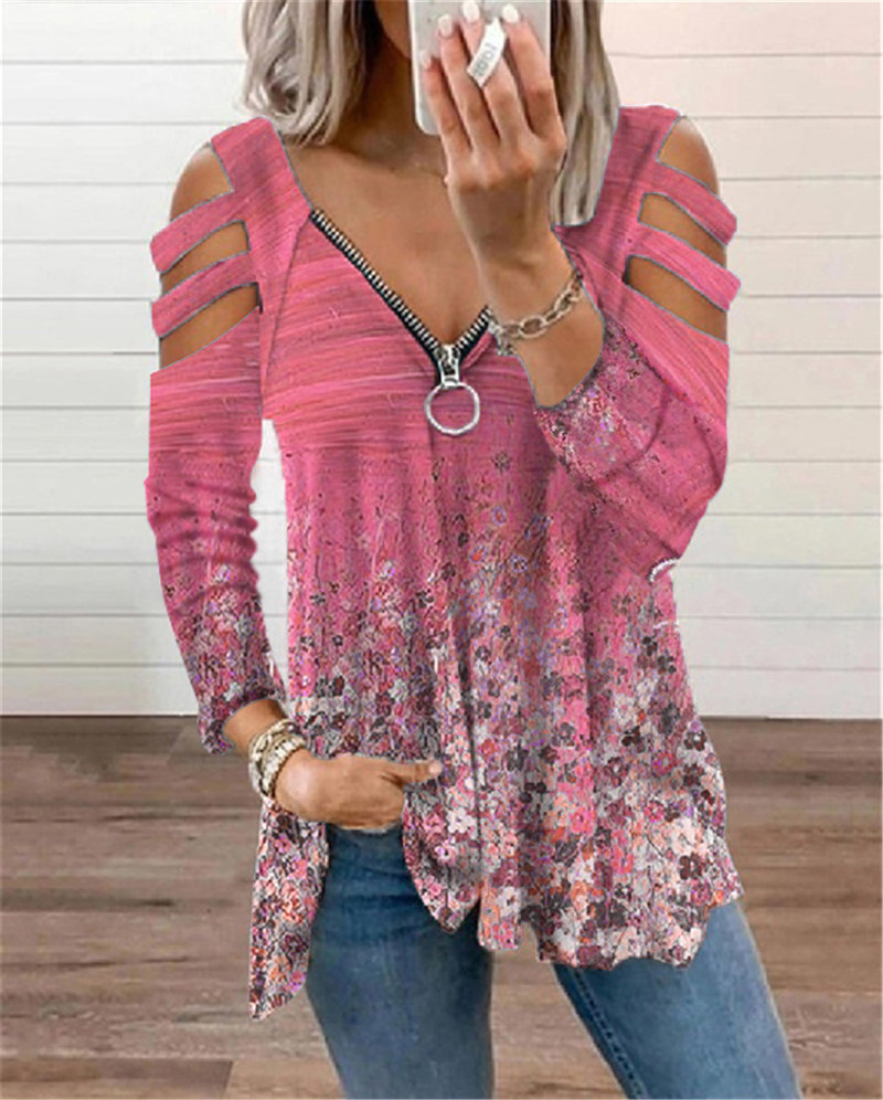 Title 7, V-neck Small Floral Zipper Long-sleeved Loose T...