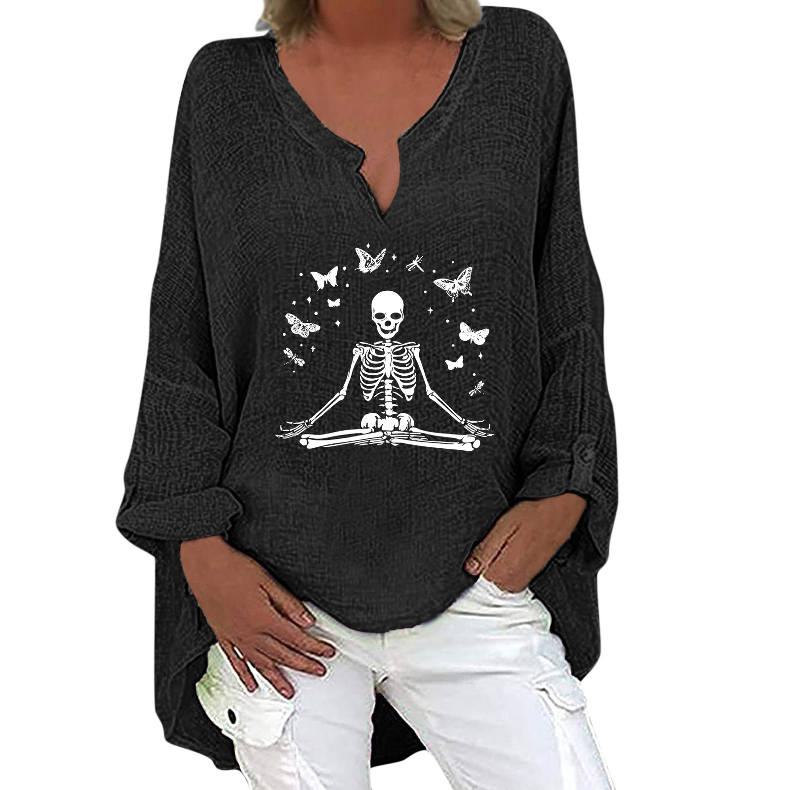 Halloween Themed Print V-neck Cotton Linen Long Sleeve Shirt For Women
