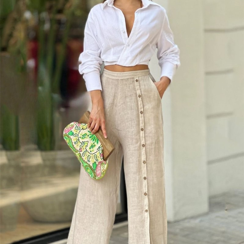 Fashion Casual Solid Color Lapel Shirt Loose Pants Two piece Set White - Shop at LoveMi