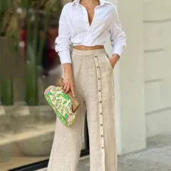 Fashion Casual Solid Color Lapel Shirt Loose Pants Two-piece Set - White - View 1