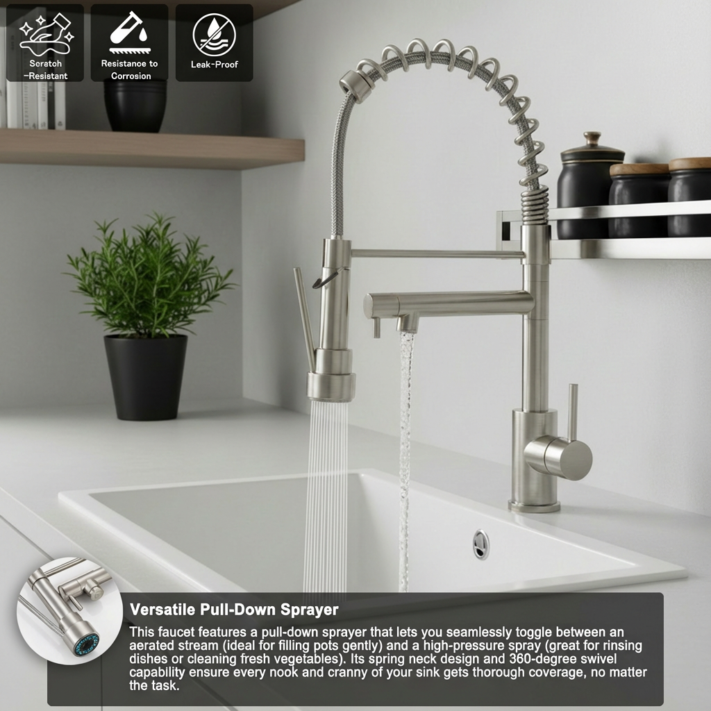 Touch Kitchen Faucet With Pull Down Sprayer, Single Handle Stainless Steel Spring Neck Kitchen Faucet, 2 Function Spray Head, Single Hole Installation, Brushed Nickel