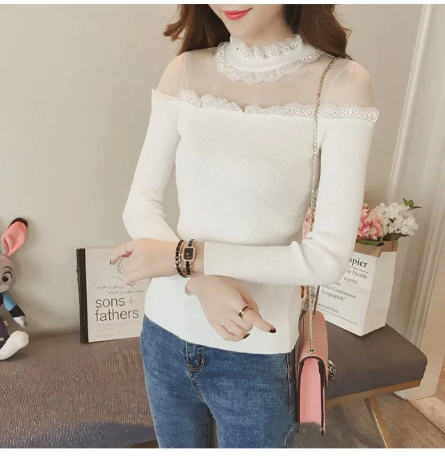 Women's Long sleeved Mesh Stitching With Imitation Knitted Bottom White - Shop at LoveMi