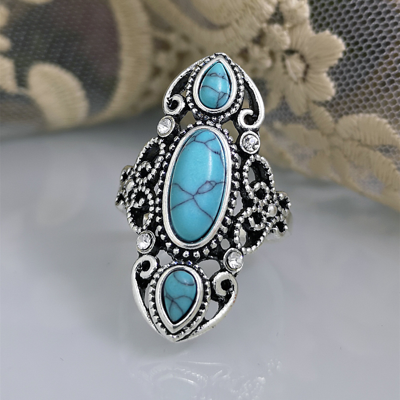 Title 2, Creative Openwork Carved Vintage Turquoise Ring