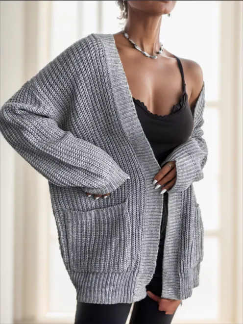 Chiquease Solid Dual Pockets Ribbed Knit Cardigan,Long Sleeve Tops Grey - Shop at LoveMi