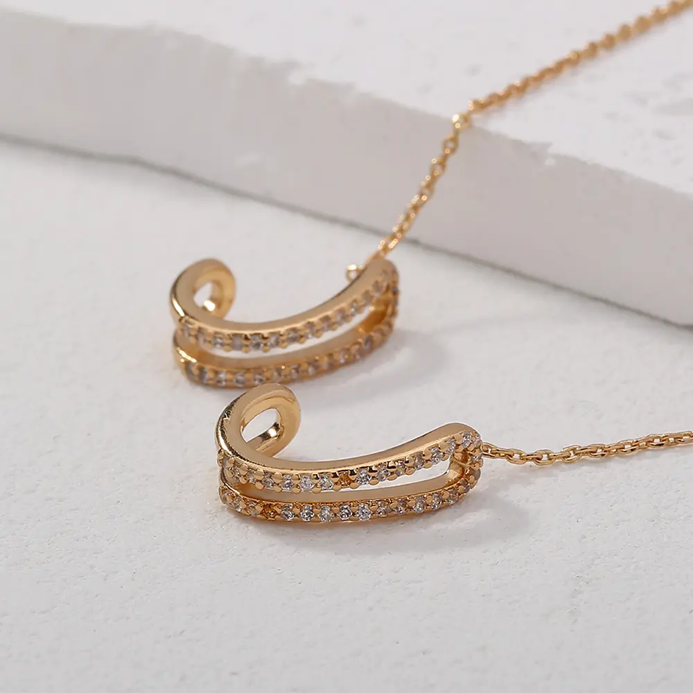 Personalized Design C-type Double-layer Earrings Copper Zircon Ear Clip Set Female Ins