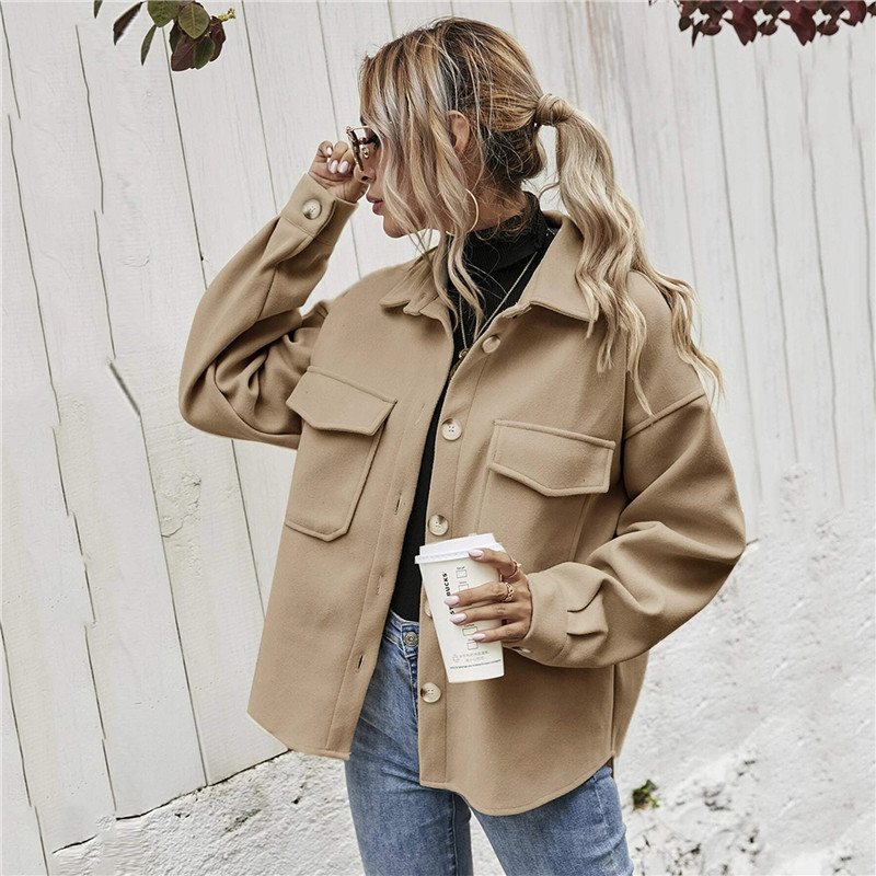 Lapel Single-breasted Thick Solid Color Shirt Woolen Coat