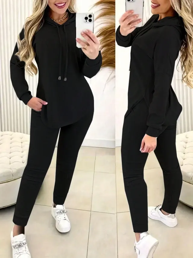 Set Women Solid Color Drawstring Hooded Long Sleeve Top And Pants Casual Suit Black - Shop at LoveMi