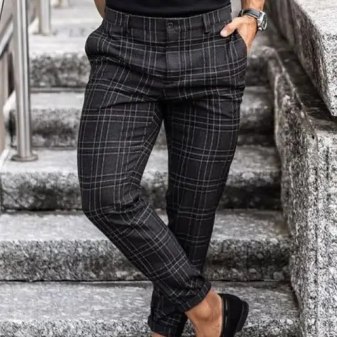 Plaid Print Pants Men's Casual Trousers Loose and Thin