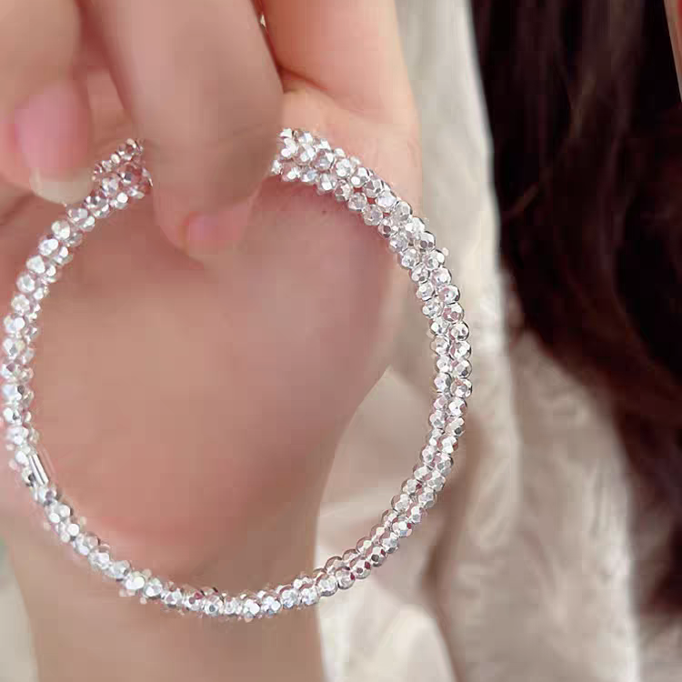 1pc 999 Sterling Silver Triple-Layer Laser Bead Stretch Bracelet, Sparkly Minimalist Style, Perfect For Daily Wear And Valentine's Gift
