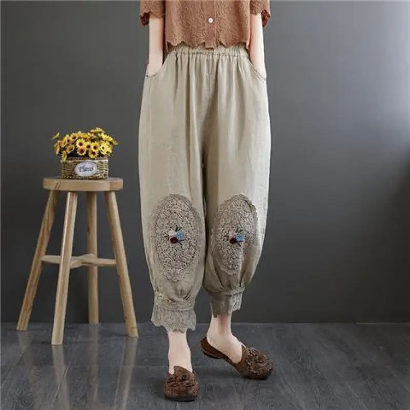 Paneled Cropped Leggings Loose Cotton And Linen Harem Bloomers