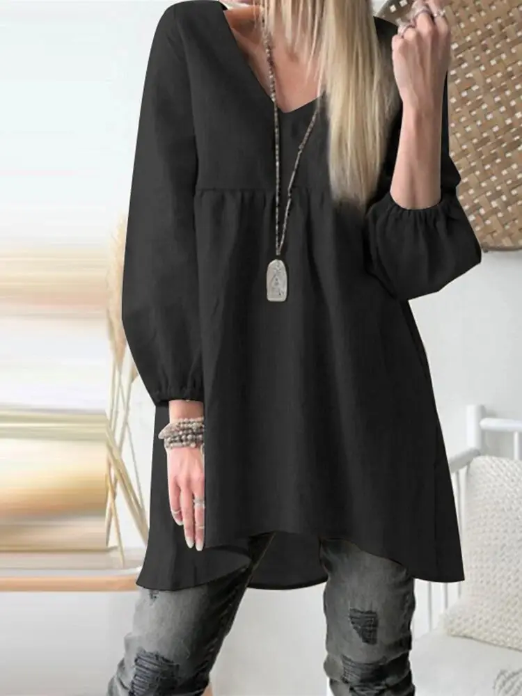 Ladies Solid Color V-neck High And Low Hem Casual Shirt Dress