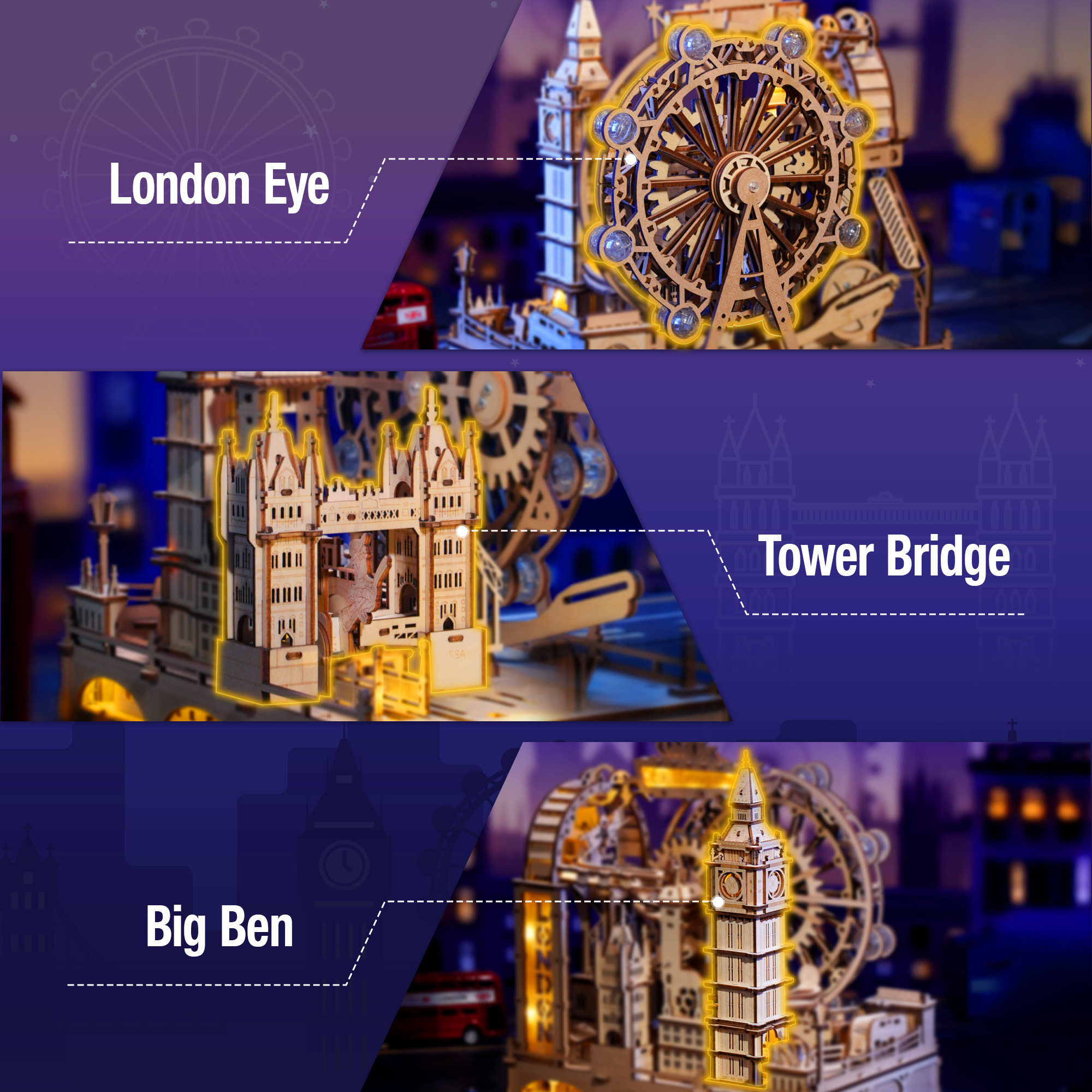 ROKR 3D Wooden Puzzle Marble Track - London City Model With LED Lights, 431-Piece Mechanical Building Set, Perfect For DIY Educational Engineering Art Gifts For Adults And Teens