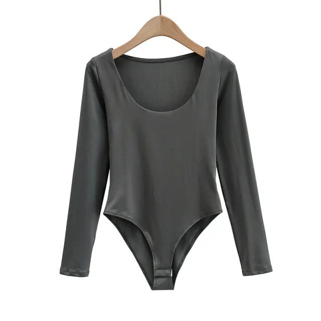 Style Women's U neck Long sleeved Jumpsuit Bottoming Shirt Dark Grey - Shop at LoveMi