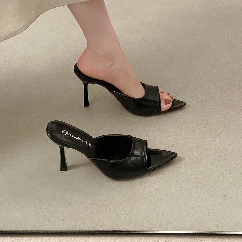 Women's Summer New Pointed Toe Stiletto Heel Sandals, Patent Leather Slip-On Heels