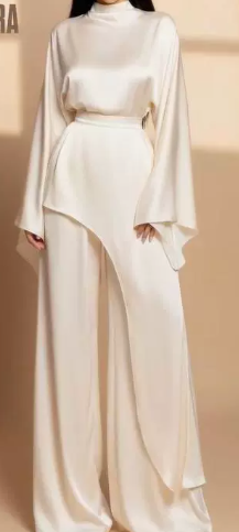 Satin High-Neck Asymmetric Waist Wide-Leg Pants Set