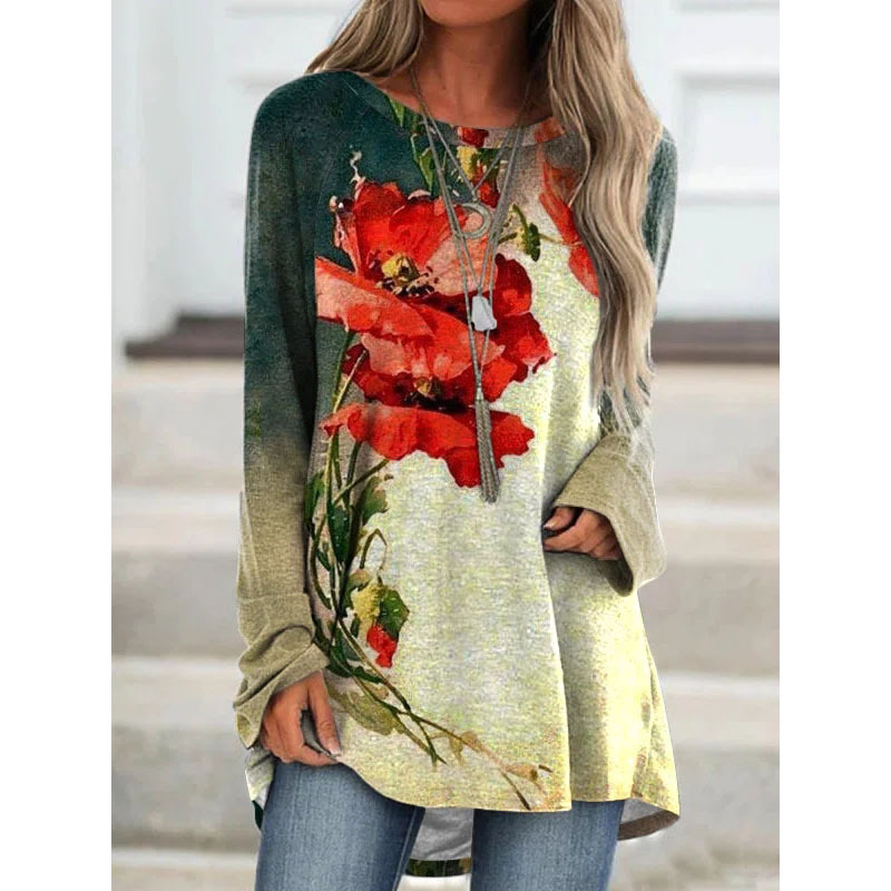 Women's Top Autumn Print Round Neck Long Sleeve T-shirt Women