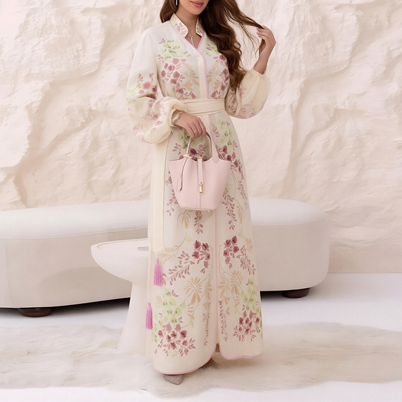 Elegant Stand Collar Floral Maxi Dress