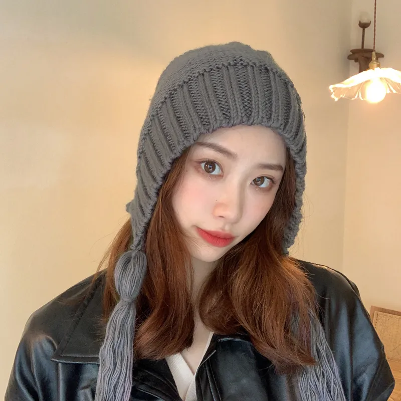 Hand Knitted Personality Cute Tassel Wool Hat - Grey