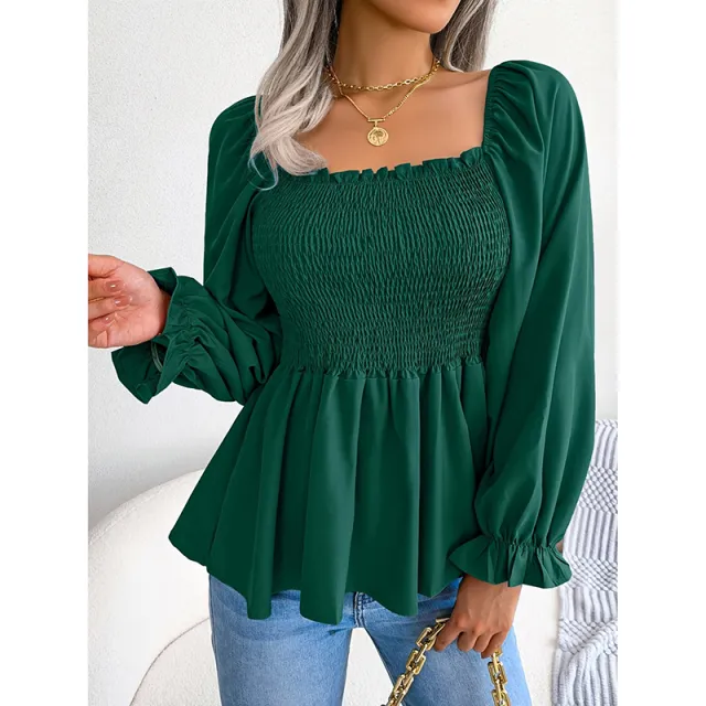 Women's Peplum Tops Square Neck Ruffle Trim Long Sleeve Blouse Smocked Top Dressy Casual Shirts Green - Shop at LoveMi