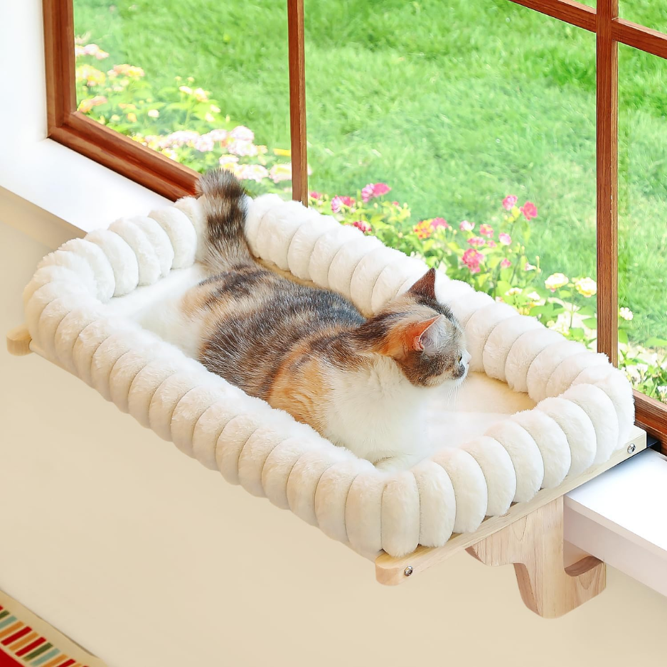 Cat Perch For Windowsill Natural Wood Cream White, M Hook On Windowsill Mount, All Around Bolster, Machine Washable Bed, Solid