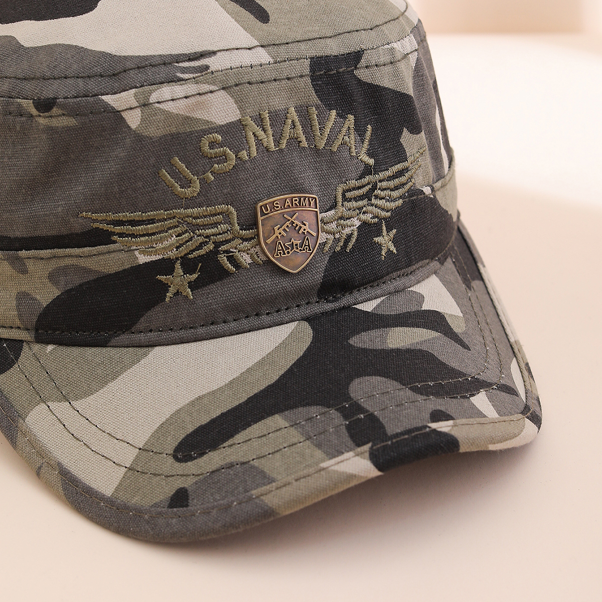 Military Style Camouflage Patterned Peaked Cap With Embroidered Wings And Metal Logo For Sun Protection  Casual Outdoor Baseball Cap
