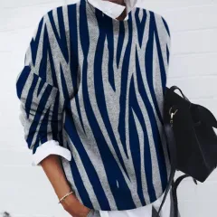 Ladies Fashion Brushed Geometric Print Loose Long Sleeve Hoodie - Stripe-L - View 1