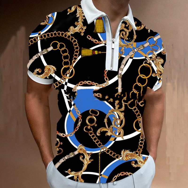 Printed Short-sleeved Zipper Lapel Pullover T-shirt