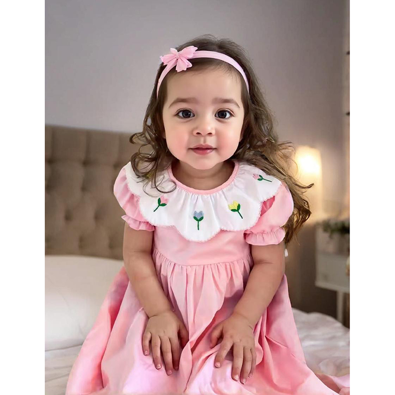 Toddler Baby Girl Spring Tulip Smocked Short Sleeve Dress With Lovely Tulip Embroidery Princess Dresses — view 6