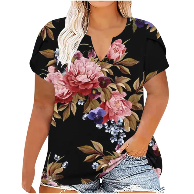 Women's V neck Printed Short Sleeved Top Red Print On Black Background - Shop at LoveMi