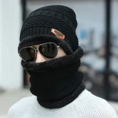 Winter Beanie Hat Scarf Set Warm Knit Hat Thick Fleece Lined Winter Hat Neck Warmer For Men Women - Black - View 1