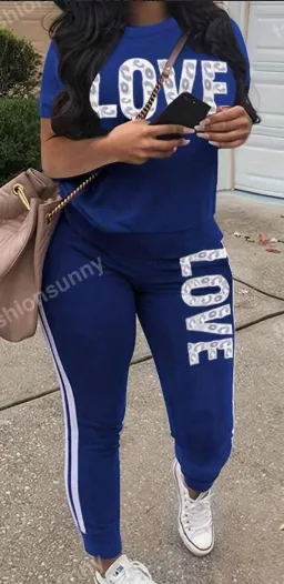 Women Casual Leopard & Letter Print Short Sleeve Top And Pants Sports Set, Cross Border Blue - Shop at LoveMi