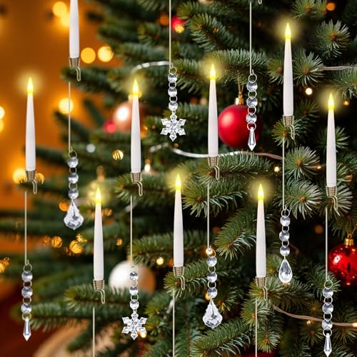12pcsChristmas Tree Candle Flameless Taper Window With HookAcrylic Pendant Design, Taper Window Candle, Spring Hook Attached, Indoor Holiday Decor, Flameless Safe