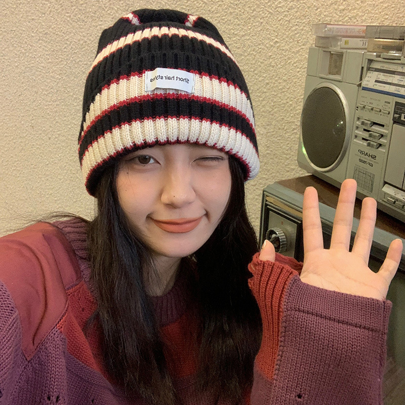 Female Autumn And Winter Color Striped Woolen Hat