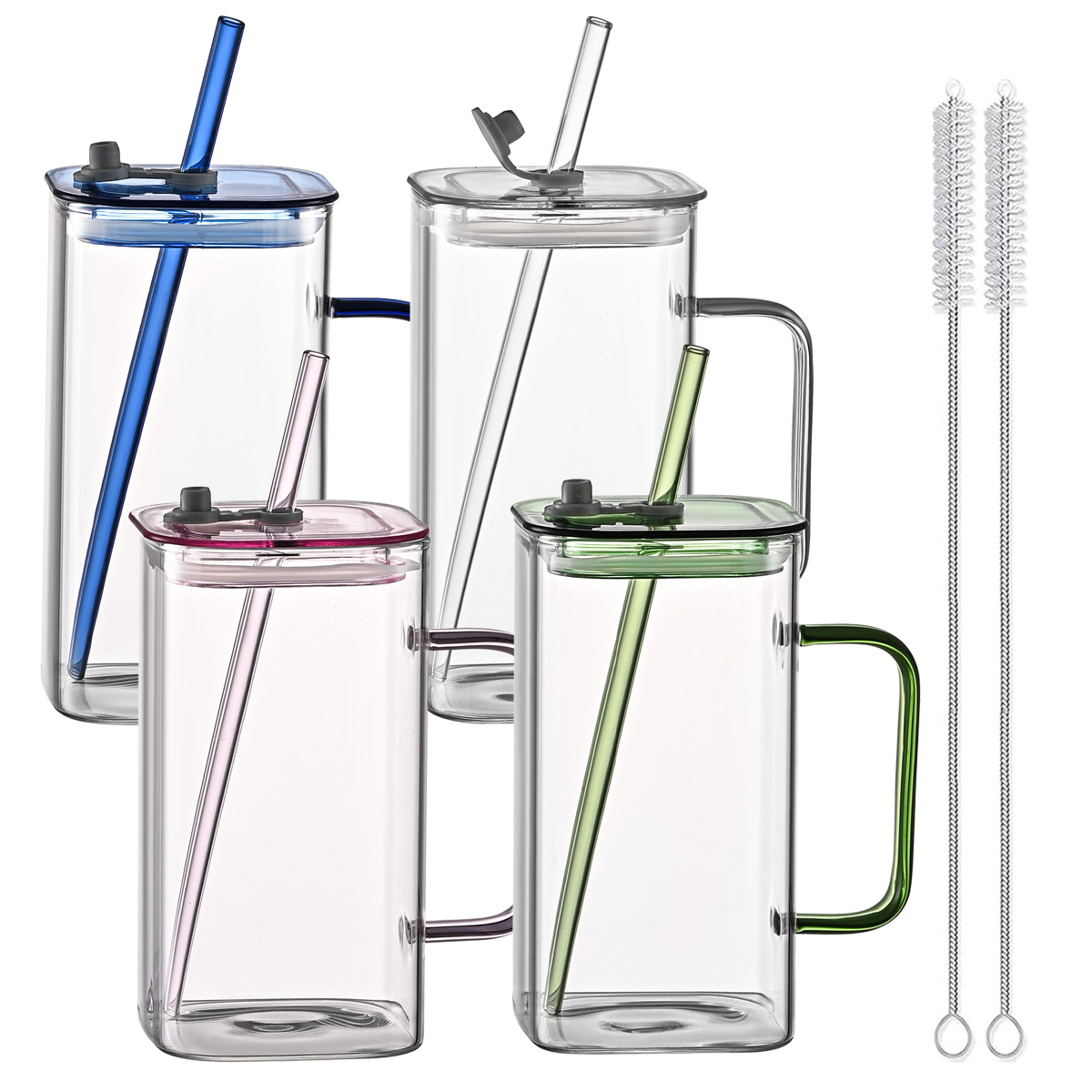 1 Pcs Transparent Glass Straw Cup, 4 Colors Square Glass Cup With Straw And Lid, High Borosilicate Glass Cup, Milk Cup, Juice Cup, Cold Drink Cup, Coffee Cup, Tea Cup, Office Cup, Gift Cup